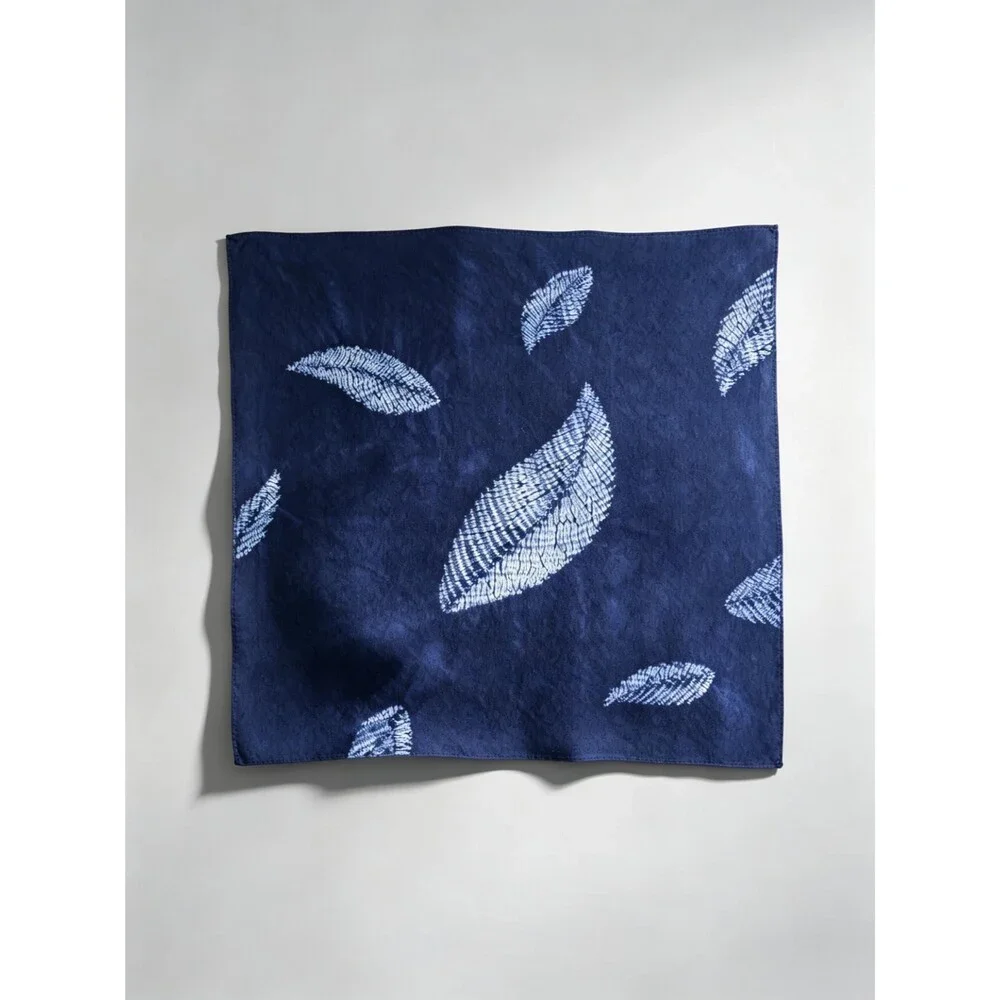 Hand-Dyed Cotton Blend Scarf | Indigo Shibori Square Scarf | Botanical Scarf